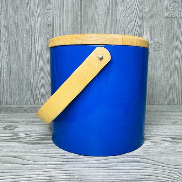 Vintage MCM Georges Briard Blue Vinyl & Wood Ice Bucket bar wear decoration - Picture 2 of 9